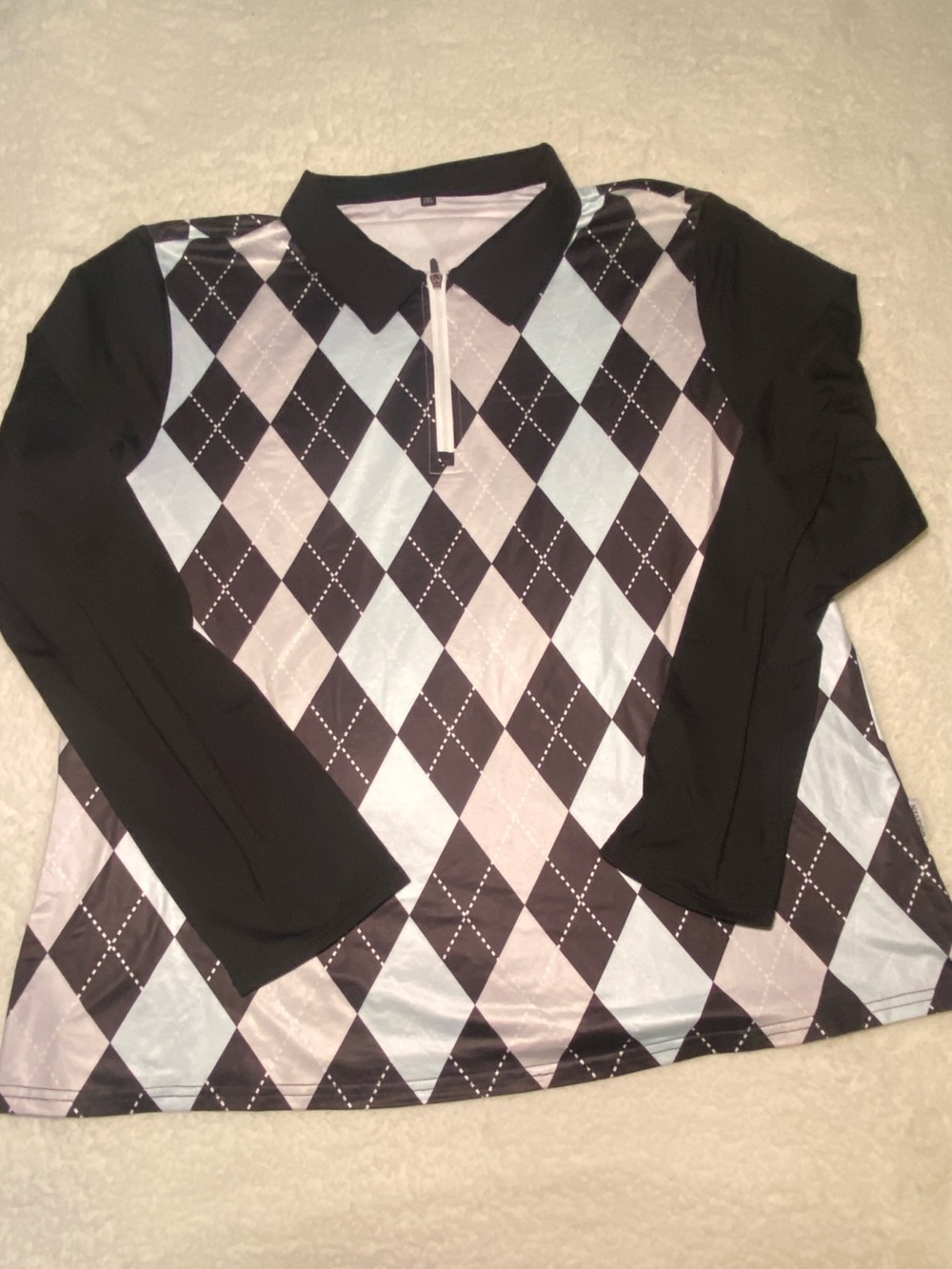 Women's Black Argyle Long Sleeve Zip Polo Top
